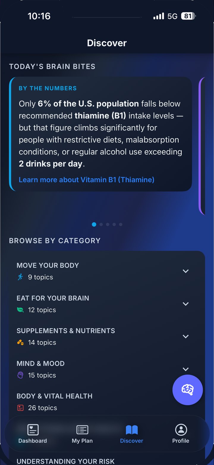 Discover screen showing today's Brain Bite and categories: Move Your Body, Eat for Your Brain, Supplements and Nutrients, Mind and Mood, Body and Vital Health.