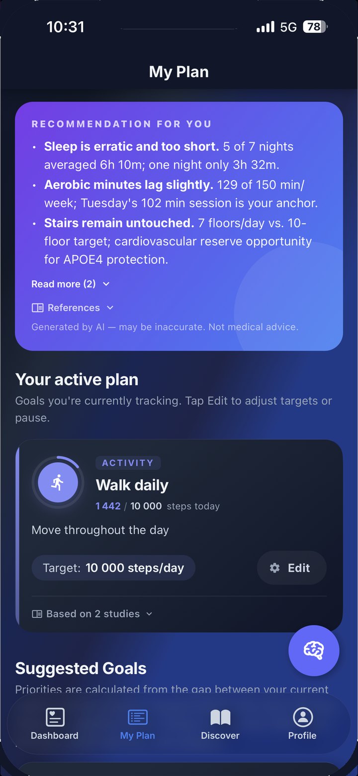 My Plan screen: a recommendation naming erratic sleep, lagging aerobic minutes and untouched stairs, above an active plan with an editable daily walking target.